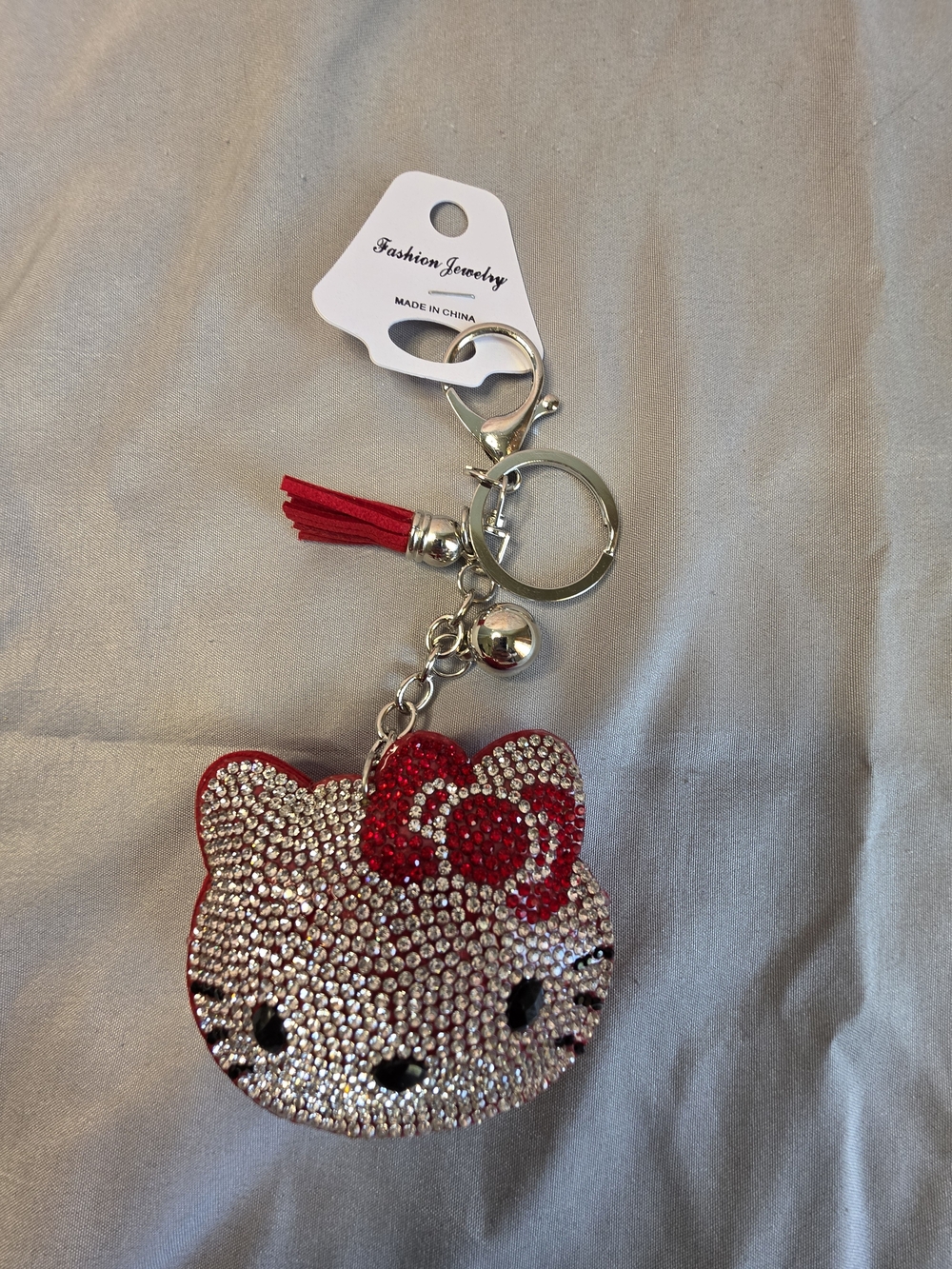 Rhinestone Cat Face Keychain with Red Bow and Tassel